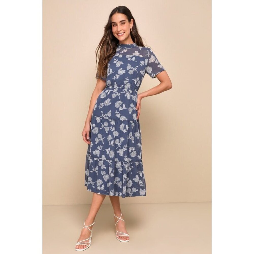 Lulus Floral Dressed Up Dusty Blue Floral Print Midi Dress | Size Medium